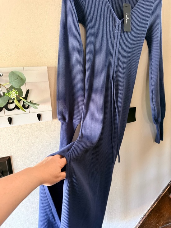 Lulu's Slate Blue Ribbed V-Neck Drawstring Midi Dress - Picture 7 of 12